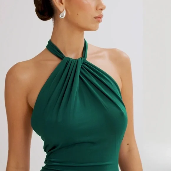 NWT MESHKI Elyna
Slinky Halter Maxi Dress - Forest Green - Picture 2 of 9